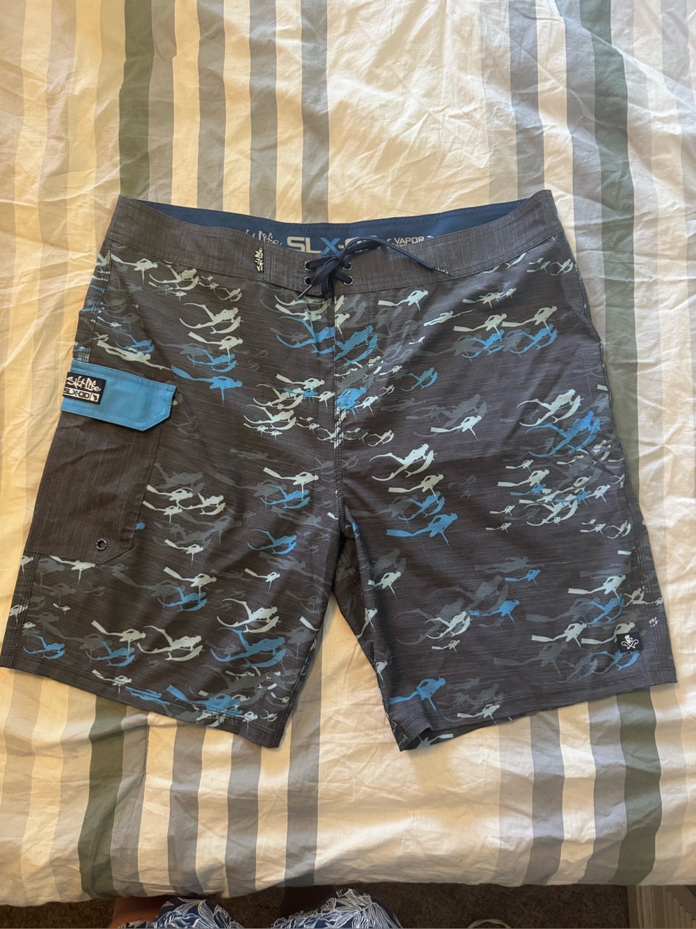 Salt Life SLX-QD Board Shorts Mens 40 Blue Gray Unlined Pocket Draw String